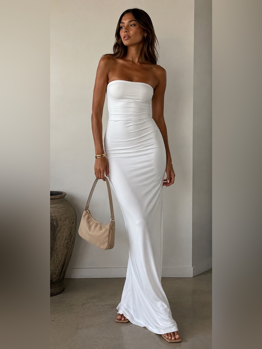 Femme Luxe White Strapless Bodycon Maxi Dress Tube Style